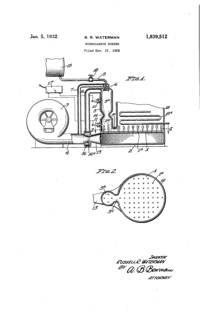Russell R. Waterman's Patent 1,859,512 for a Hydrocarbon Burner.